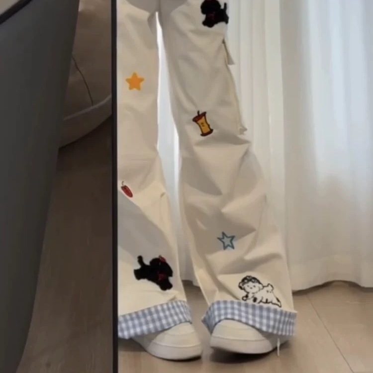 美式复古格子翻边趣味口袋工装牛仔裤女夏季小狗刺绣直筒阔腿长裤