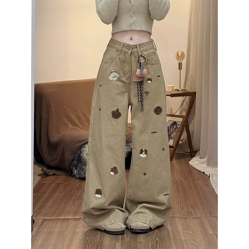 可爱小狗刺绣牛仔裤裤子女款2026春秋新款卡其色高腰宽松阔腿长裤,女装/女士精品,牛仔裤,淘宝优惠券,粉丝福利购,淘宝优惠卷