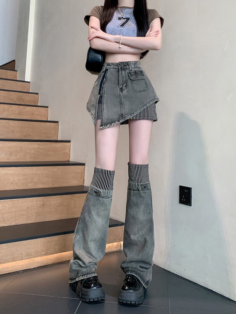 Y2K千禧复古牛仔半身裙+腿套两件套装2024春夏新款辣妹短裙包臀裙