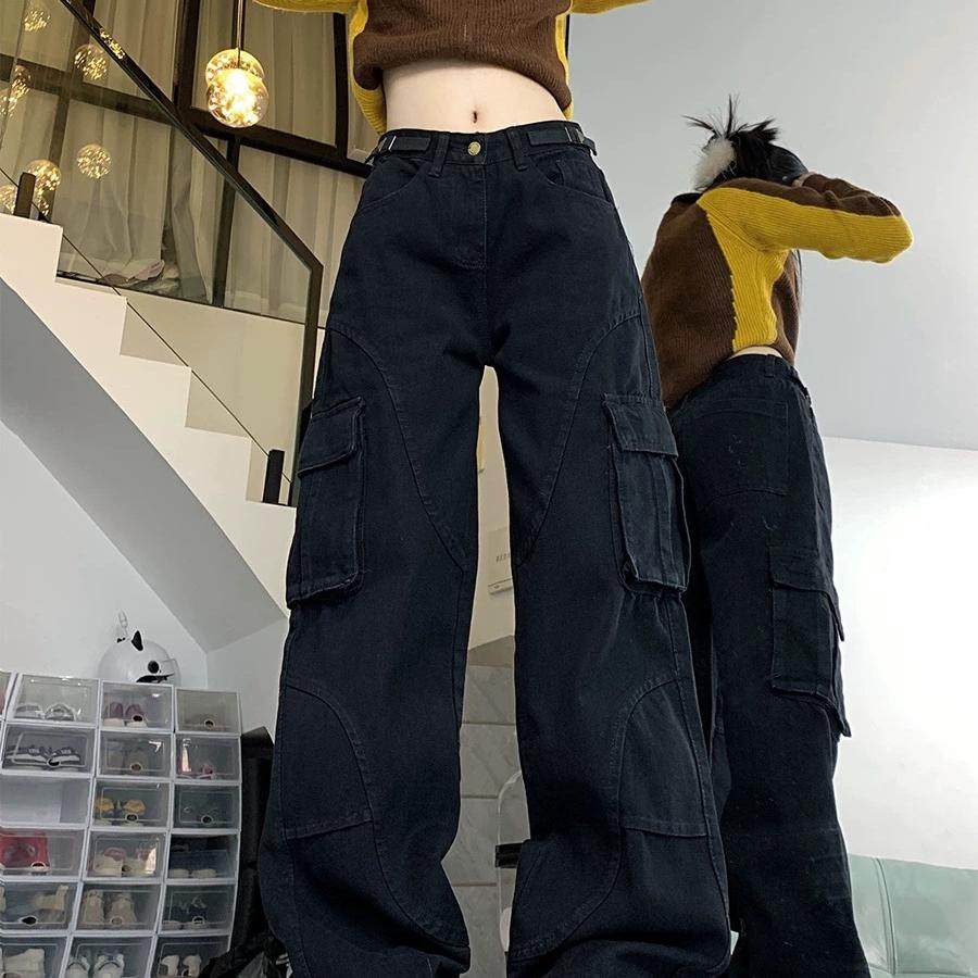 美式复古高街vibe工装裤女春秋季复古宽松休闲百搭直筒黑色牛仔裤