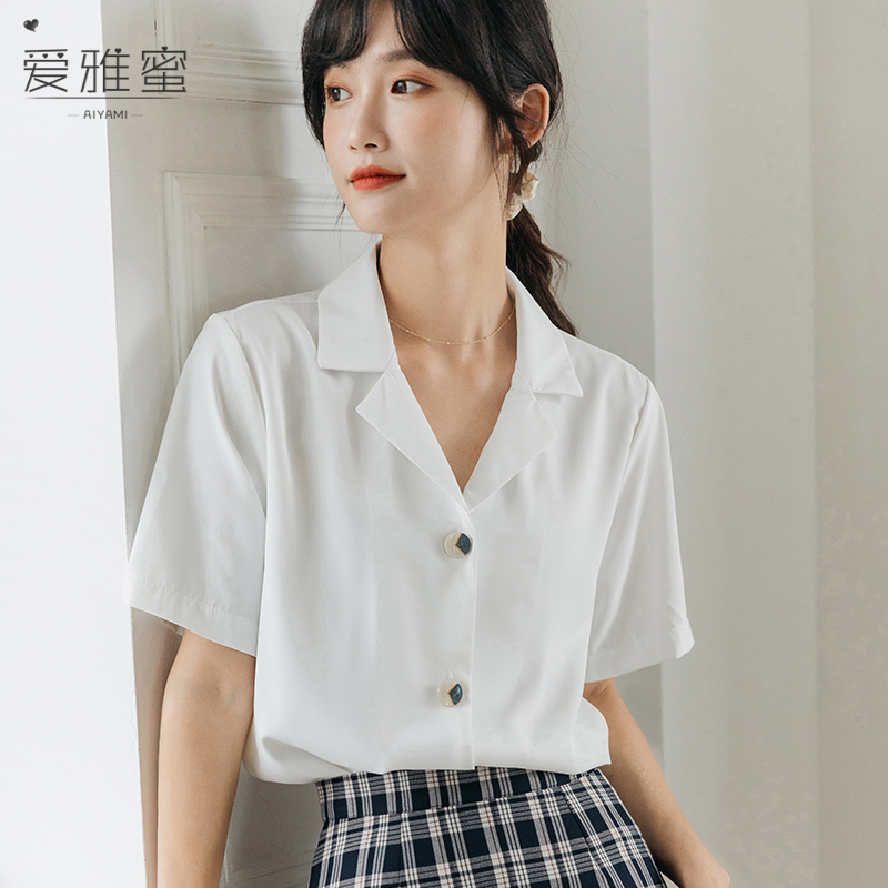 设计感小众西装领短袖白色衬衫女夏法式宽松职业面试衬衣雪纺上衣