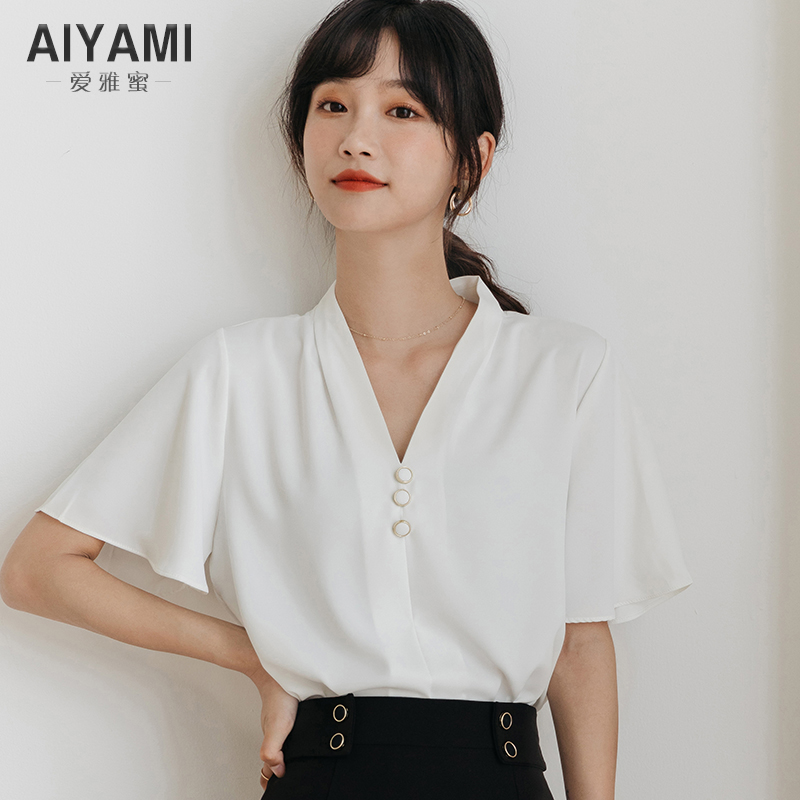 职业装衬衫女短袖工作服V领白色雪纺上衣女神范宽松气质垂感衬衣
