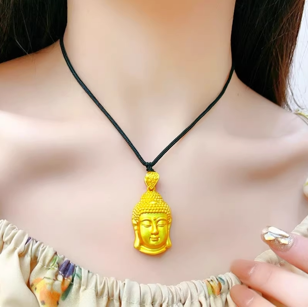 新款24K黄金色仿真如来佛头项链弥勒佛吊坠挂编绳女款实心镀金