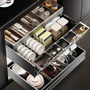 厨房橱柜碗篮抽屉式双层碗碟抽碗柜调味抽中抽百隆轨道轻易抽拉篮