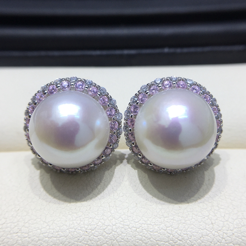 经典时尚气质太阳花耳钉 12-13mm白色正圆淡水珍珠