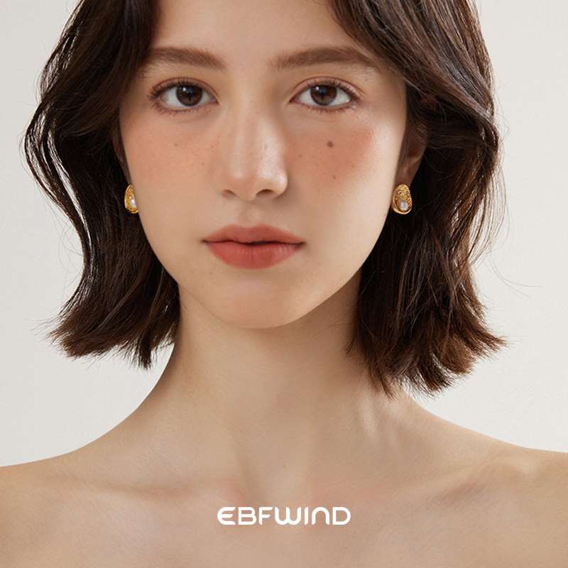EBFWIND海岛予贝 复古法式天然巴洛克珍珠锆石椭圆小贝壳百搭耳钉