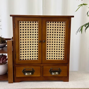 木质复古双门抽屉式收纳柜新中式家用防尘藤编储物柜桌面整理柜
