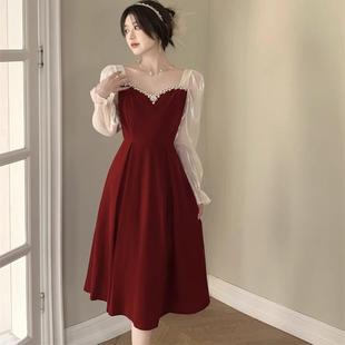 日常可穿女 高端网纱敬酒服红色便装 新娘回门小个子秋冬中长款 法式