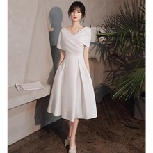 2025新款高级感缎面小个子晚礼服裙女气质气质白色一字肩平时可穿