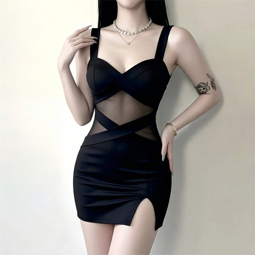 2026新款夜场性感辣妹吊带连衣裙女网纱拼接镂空收腰显瘦开叉包臀