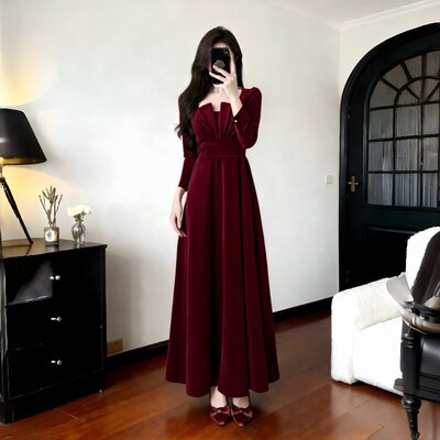 订婚方领丝绒小个子酒红色礼服裙