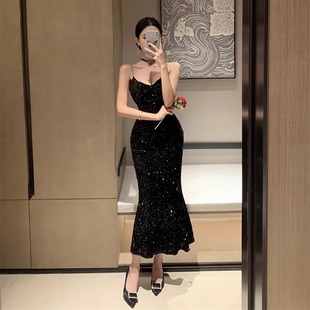 法式名媛小个子女秋冬高级感亮片丝绒包臀气质满天星晚礼服裙精致