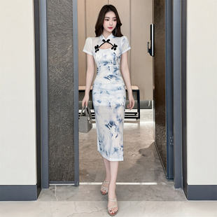 国风水墨晕染旗袍裙女薄款 显瘦长裙 镂空盘扣气质包臀开叉气质修身