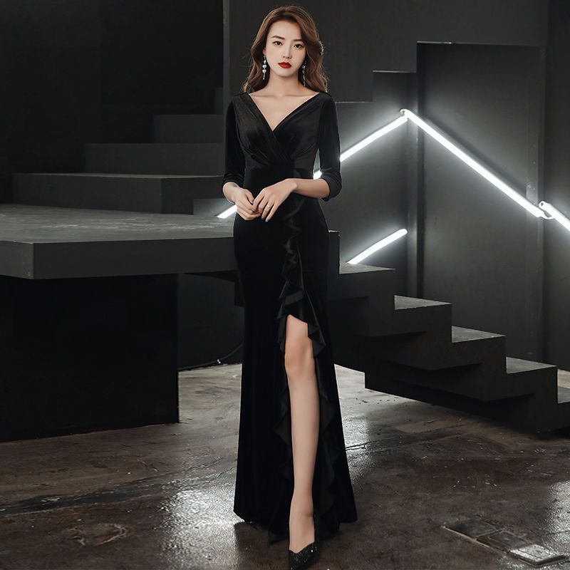 高级感黑色年会晚装裙V领五分袖高腰开叉修身显瘦修身礼服长裙女图片
