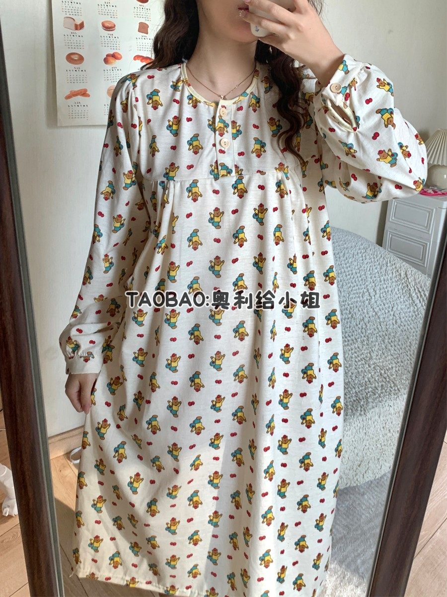 睡裙女纯棉长袖春秋季韩版ins可爱小熊少女甜美长款可外穿家居服