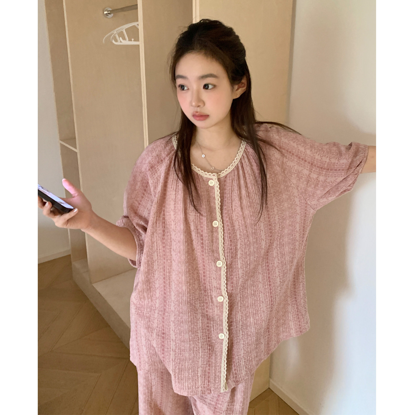 全棉双层棉纱睡衣女款夏季短袖长裤套装甜美蕾丝花边慵懒风家居服