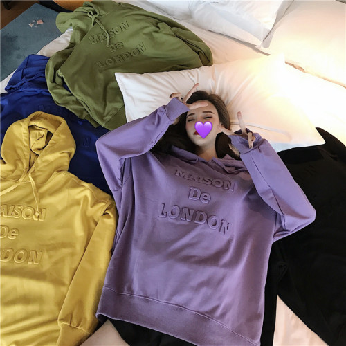 Real Price ~Hong Kong Restoration, Loose Bf, Simple Letter Super Fire Top, Long Sleeve, Long Cap and Thin Sanitary Clothes