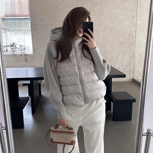 2025新款轻薄针织袖拼接羽绒棉服女装短款假两件连帽棉衣外套保暖