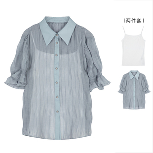 idole奕多夏季新款设计感小众短袖衬衫两件套女显瘦衬衣吊带套装