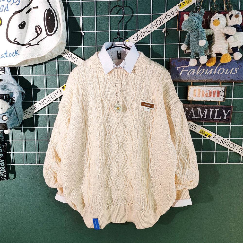 家官营店日系复古vintage毛衣男秋冬宽松慵懒加厚麻花针织衫