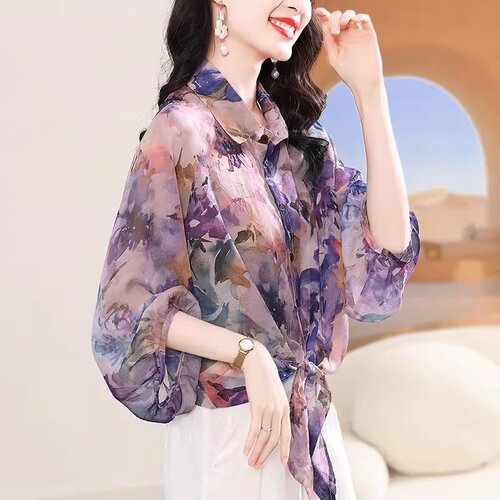 雪纺衬衫女2026新款设计感绑带洋气减龄上衣大码宽松妈妈花衬衣