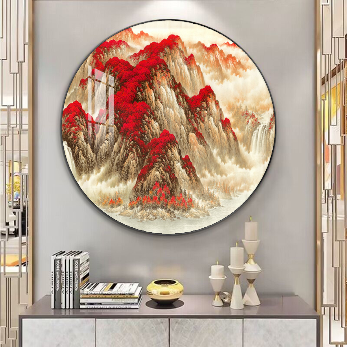 鸿运当头国画山水画新中式客厅沙发背景墙装饰画入户玄关圆形挂画图片