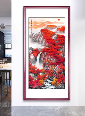 鸿运当头国画新中式玄关装饰画走廊过道尽头山水画竖版挂画墙壁画