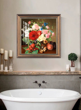 美式花卉卫生间挂画酒店卧室浴室免钉装饰画防水防潮墙壁油画挂画