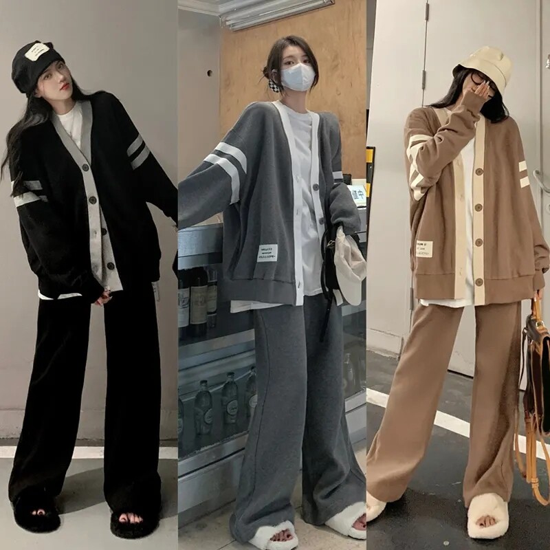 세련된 게으른 스타일 출산 정장 봄과 가을 니트 카디건 재킷 캐주얼 스포츠 넓은 다리 바지 유행 엄마 여성을위한 투피스 세트