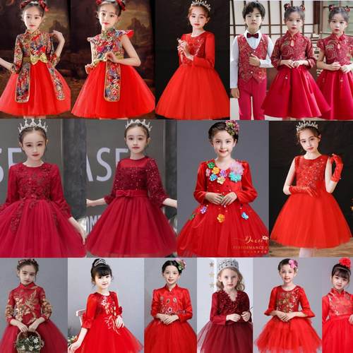 元旦儿童演出服女童中国红色蓬蓬裙纱裙亮片舞蹈表演服装冬季长袖