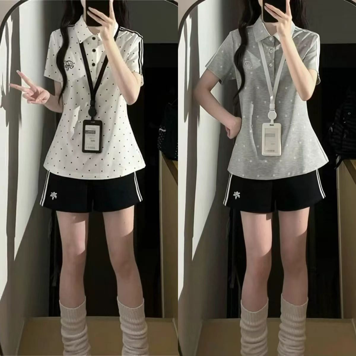 美式宽松POLO衫短裤两件套女学生夏季通勤百搭波点休闲运动套装潮