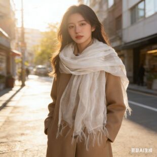 丝巾搭配风衣日系小众新款纯色长须流苏双层丝巾女氛围感防晒披肩