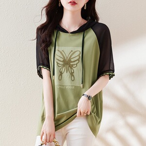 品牌折扣法烫钻连帽短袖衬衫女夏2023新款欧货宽松半袖体恤显瘦上