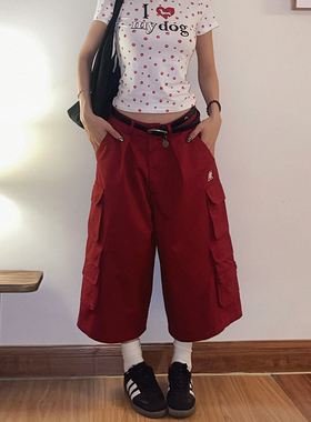DoubleD美式街头多口袋阔腿工装裤男女夏季直筒红色休闲七分裤子