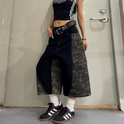工装迷彩拼接宽松七分阔腿裤女