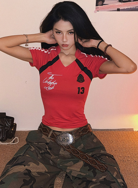 DoubleD美式复古街头红色辣妹运动风球衣修身短袖T恤女泽西风上衣