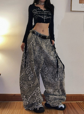 DoubleD宽松直筒裤做旧水洗豹纹牛仔裤男女美式街头弯刀阔腿长裤