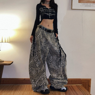 街头弯刀阔腿长裤 男女美式 做旧水洗豹纹牛仔裤 DoubleD宽松直筒裤