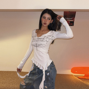 T女修身 显瘦打底上衣 辣妹V领蕾丝拼接不规则飘带长袖 DoubleD美式