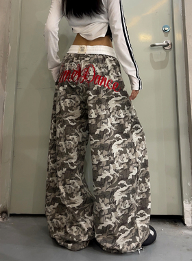 美式复古字母刺绣迷彩弯刀长裤男女春夏宽松垂感爵士街舞休闲卫裤