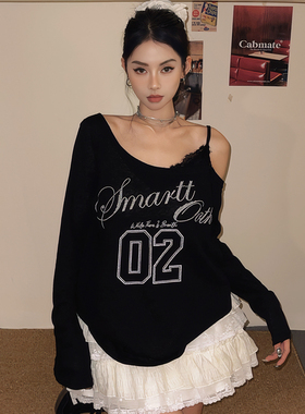 DoubleD美式蕾丝吊带露肩设计感长袖T恤女秋季新款斜肩罩衫上衣潮