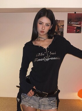 DoubleD美式朋克柳钉连帽荷叶边长袖T恤女哥特风显瘦打底衫上衣秋