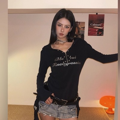 美式复古辣妹连帽长袖T恤女