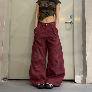DoubleD美式 牛仔裤 男女阔腿裤 潮 红色水洗做旧解构多口袋弯刀工装