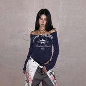 DOUBLED美式 露肩显瘦上衣 修身 辣妹风一字肩字母印花长袖 T恤女春季