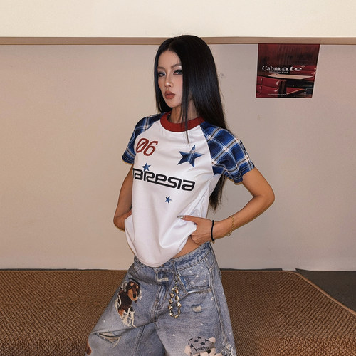 美式辣妹格纹拼接短袖显瘦T恤