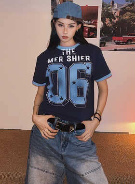 DoubleD美式复古撞色数字印花运动风短袖T恤女夏季球衣辣妹上衣潮