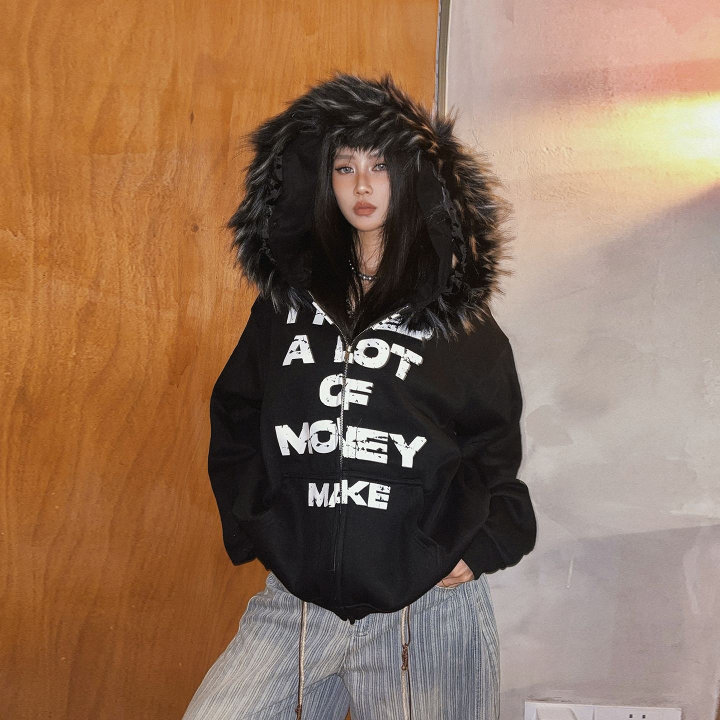 美式复古字母印花毛领加绒开衫