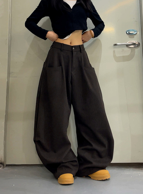 DoubleD条纹毛呢弯刀休闲西裤男女秋冬高级感阔腿宽松垂感拖地裤