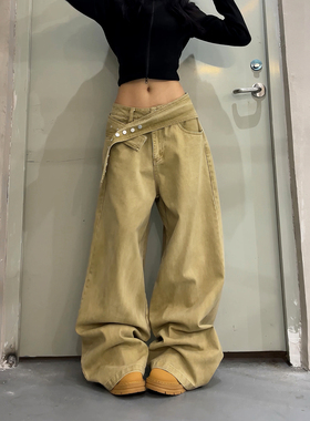 DoubleD美式复古卡其色牛仔裤腰包屁帘宽松阔腿裤工装休闲长裤潮